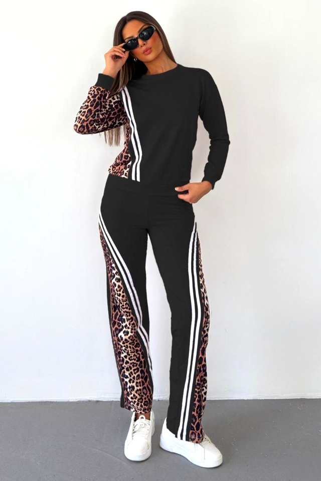Compleu sport animal print LEONA, cu pantaloni lungi si bluza, Negru - 3 | YEO