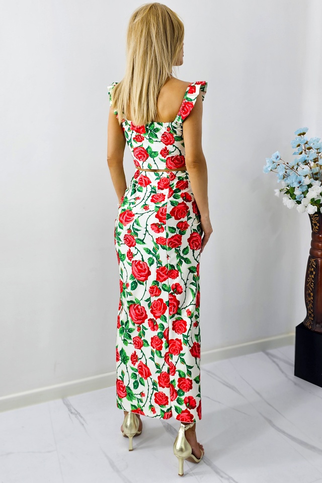Compleu Summer Party, top cu volane si fusta cu imprimeu trandafiri, Crem, Marime S/M - 1 | YEO