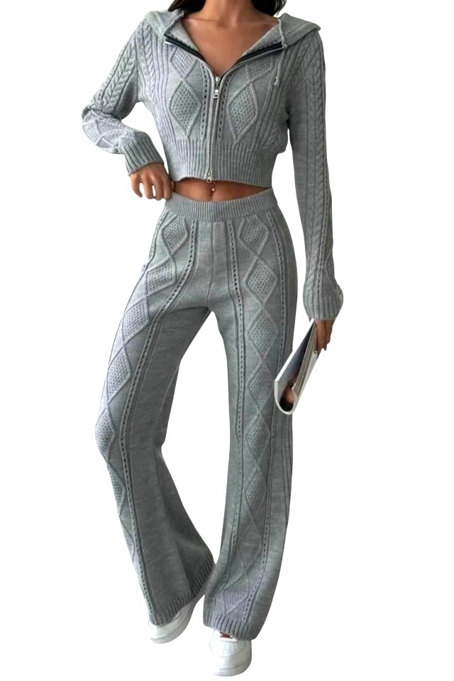 Compleu tricotat TOREN, pantaloni lejeri si bluza cu gluga, Gri, Marime S/M - 3 | YEO