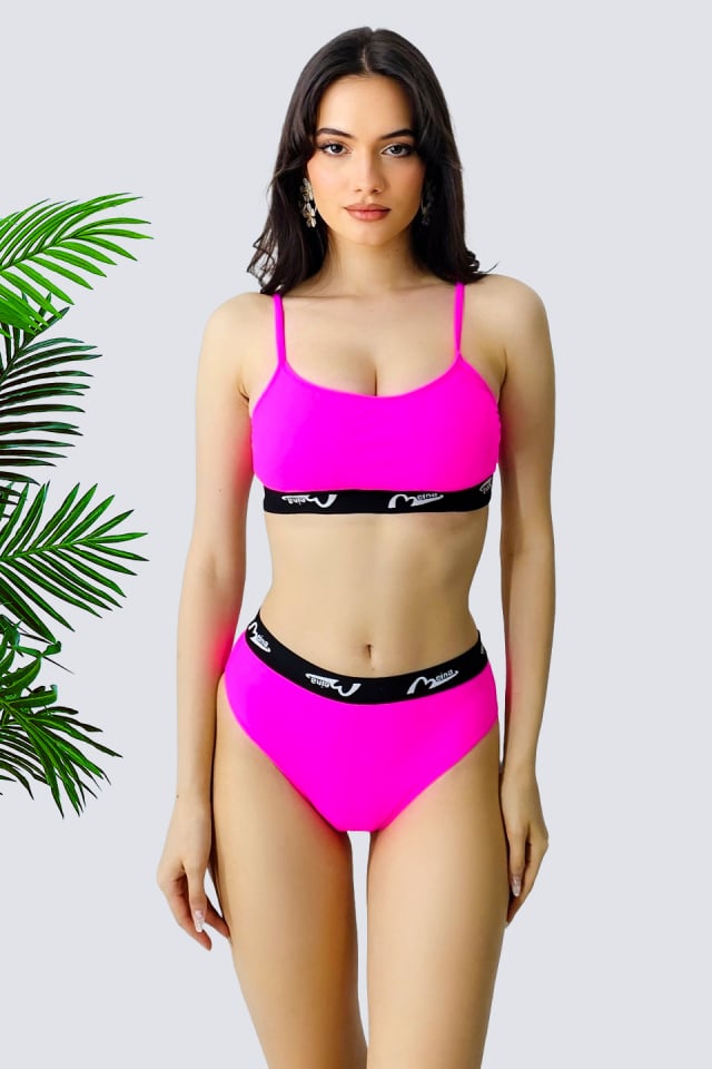 Costum de baie 3 piese MeYNA, slip tanga, slip brazilian si sutien sport, Fucsia - 3 | YEO