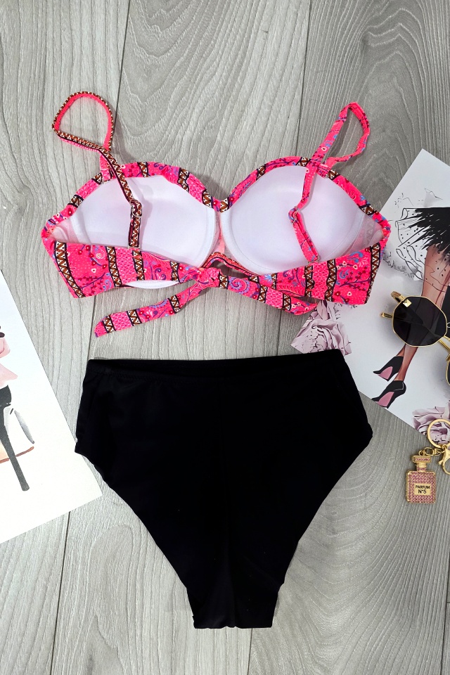 Costum de baie doua piese IVORA, slip cu talie inalta si sutien cu push up, Roz - 3 | YEO
