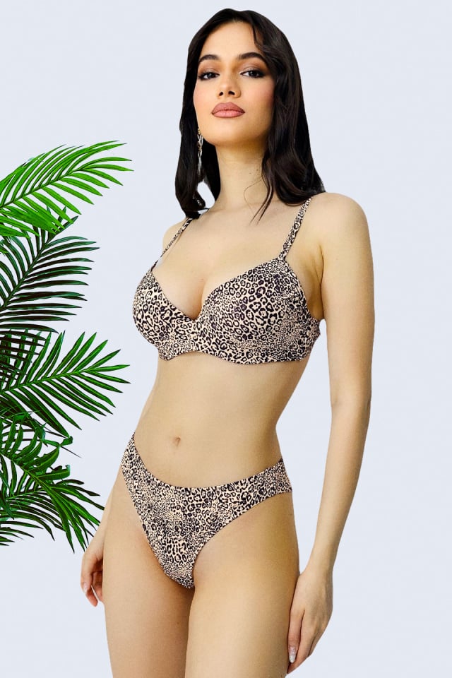 Costum de baie doua piese Jamaica, imprimeu animal print leopard si sutien ajustabil, Bej