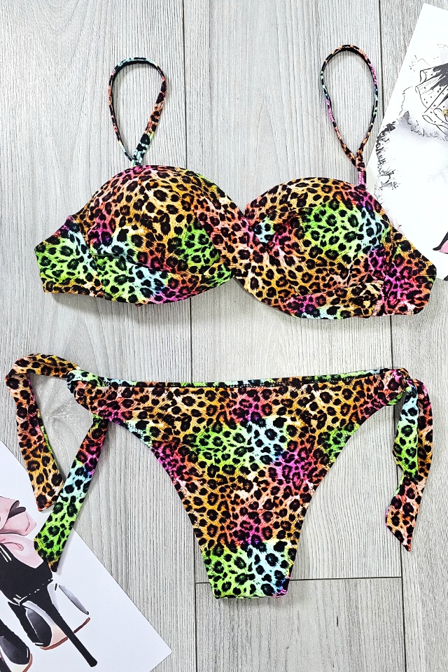 Costum de baie doua piese ZANZA, cu slip reglabil si sutien push up, VERDE Leopard - 2 | YEO