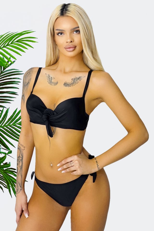 Costum de baie trei piese AiLis, slip brazilian, slip semidecupat si sutien cu push up, Negru - 2 | YEO