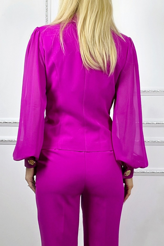 Costum elegant pentru evenimente DALYNA, cu sacou si maneca din tulle, Fucsia - 3 | YEO
