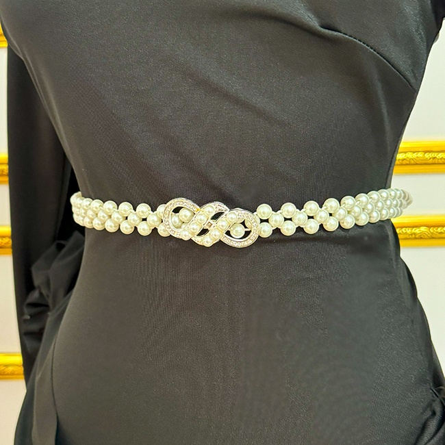 Curea elastica cu perle TYE, catarama decorativa Infinity si cristale, Alb - 1 | YEO