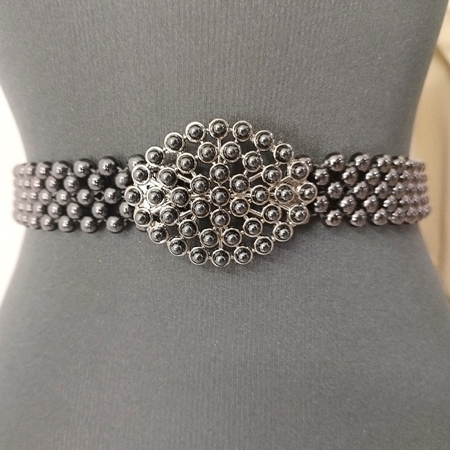 Curea elastica din perle Pearly B, cu catarama metalica decorativa, Ovalyn Black - 3 | YEO