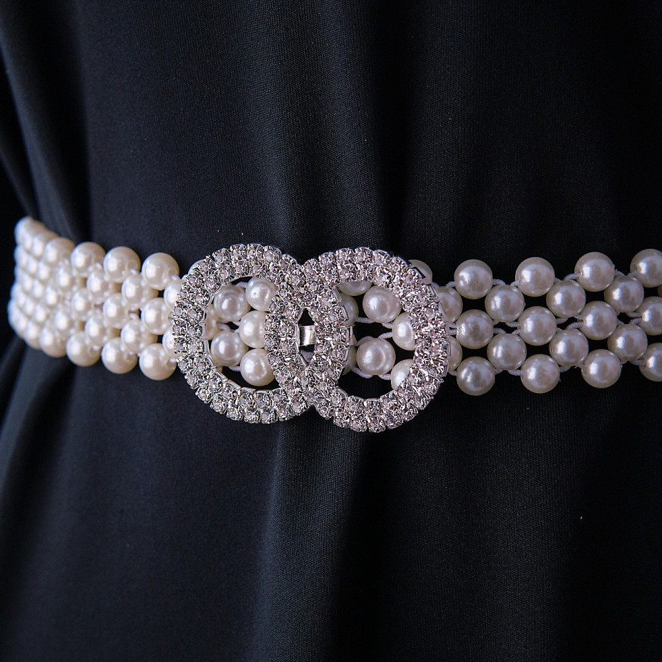Curea elastica Pearly, catarama metalica decorativa si perle, Infinity Alb - 2 | YEO