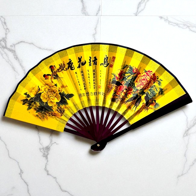 Evantai model japonez OKYOA, pliabil, cu laterale lemn, imprimat diferit fata/spate, Randunica
