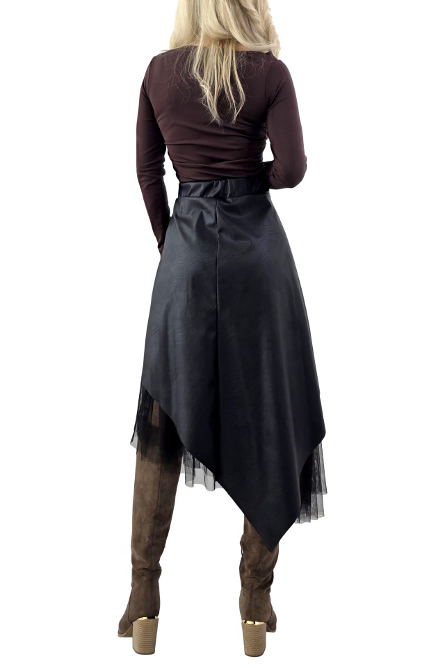 Fusta Florentina, din pile eco, cu tull asimetric si cordon cusut, Negru