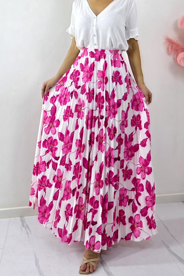Fusta lunga de vara, plisata ALVINA cu imprimeu floral, Fucsia, Marime S/M