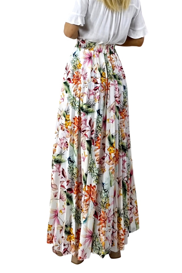Fusta lunga de vara, plisata ALVINA cu imprimeu floral, Orange, Marime S/M