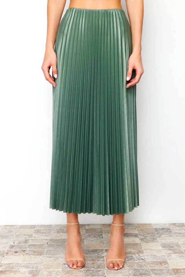 Fusta lunga plisata BRISEL, cu textura satinata, Verde menta - 2 | YEO