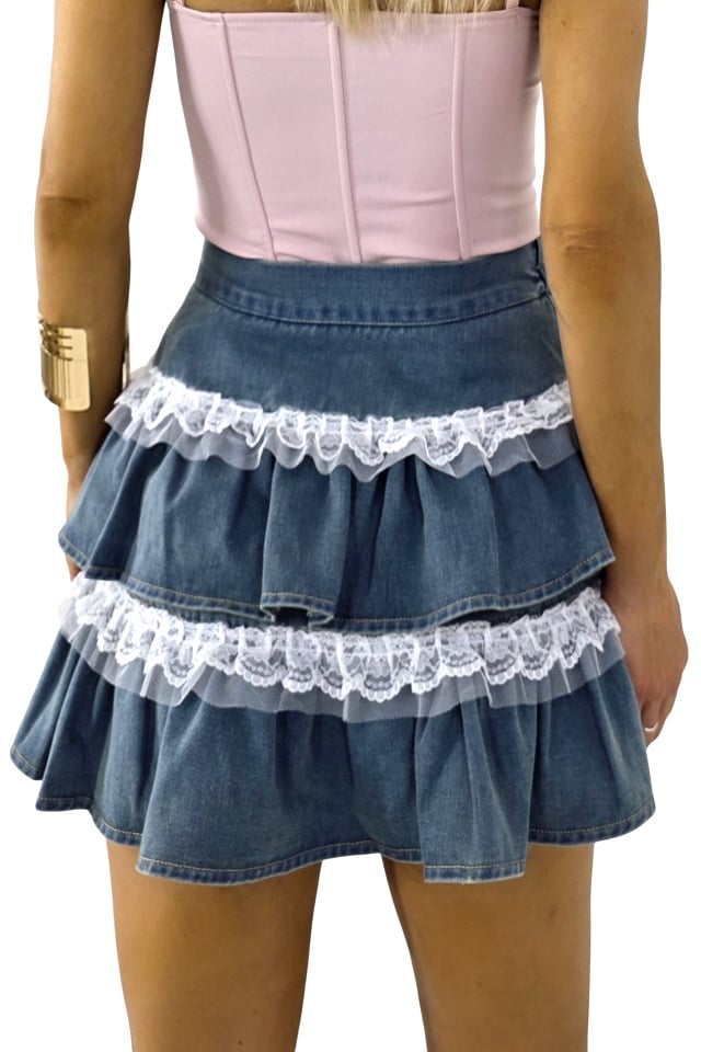 Fusta pantalon, scurta, denim Marabu, cu volane si dantela, Bleumarin/Roz