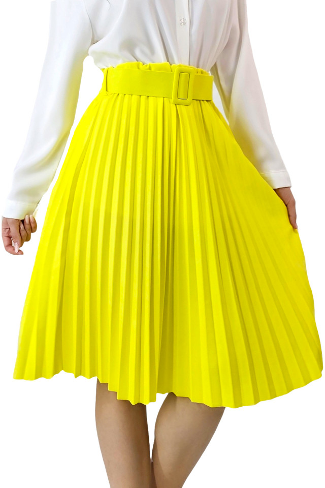 Fusta plisata eleganta Carmen, curea de aceeasi culoare inclusa, Galben, Marime S/M