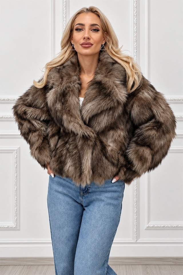 Haina animal print Ysolde din blana ecologica, cu interior satinat, BEJ, Marime S/M — imaginea 4
