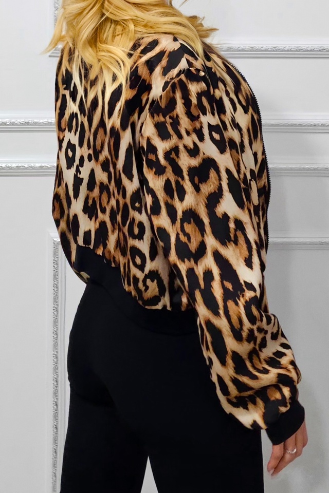Jacheta bomber animal print Shayen, cu inchidere de tip fermoar, Bej, Marime S/M - 2 | YEO