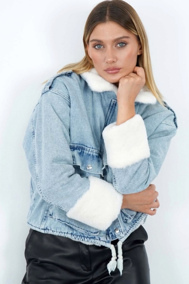 Jacheta imblanita de blugi Renelle, cu buzunare oversize, Albastru deschis