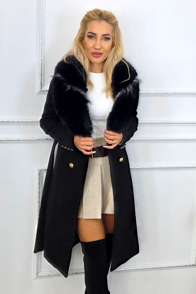 Palton elegant de dama MABELL, cu blana si inchidere cu butoni aurii, Negru