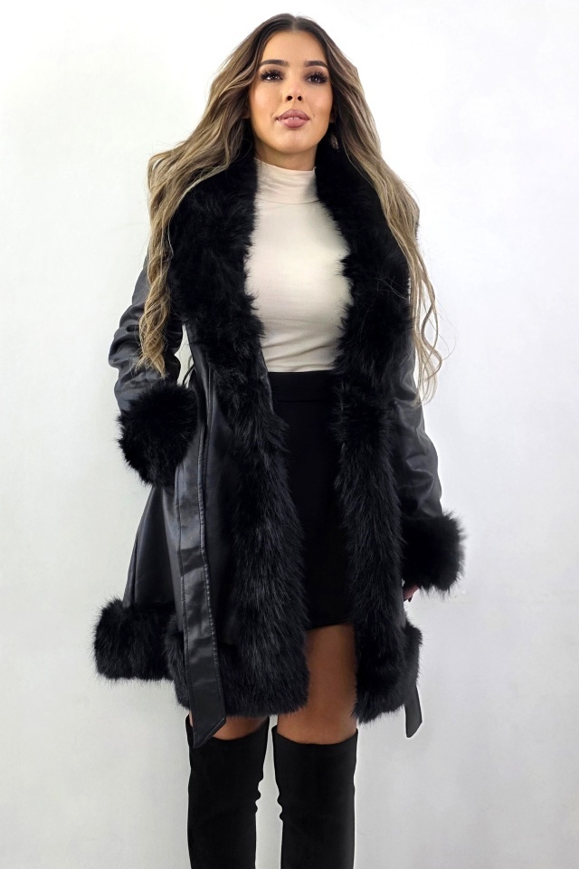 Palton piele ecologica CARMELL, cu cordon si interior imblanit, Negru