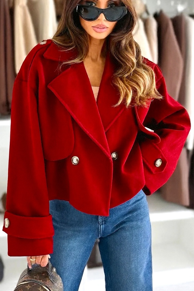 Palton scurt tip fleece Vespera, cu revere si nasturi, Rosu, Marime S/M