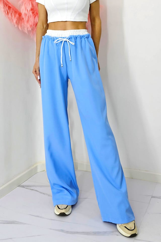 Pantaloni casual ALEF, croiala wide leg si snur in talie, Albastru baby blue, Masura S/M/L