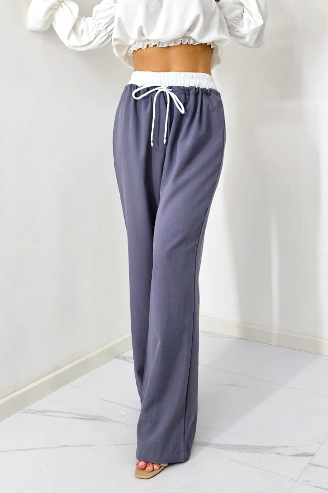 Pantaloni casual ALEF, croiala wide leg si snur in talie, Gri inchis, Masura S/M/L