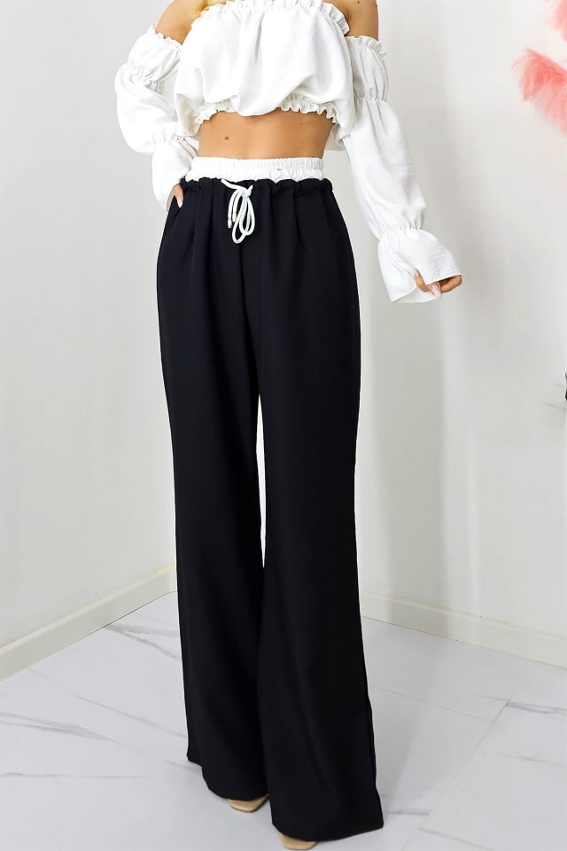 Pantaloni casual ALEF, croiala wide leg si snur in talie, Negru, Masura S/M/L