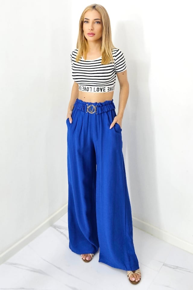 Pantaloni casual DIAFAN, croi lejer wide leg si curea decorativa, Albastru, Marime S/M/L - 2 | YEO