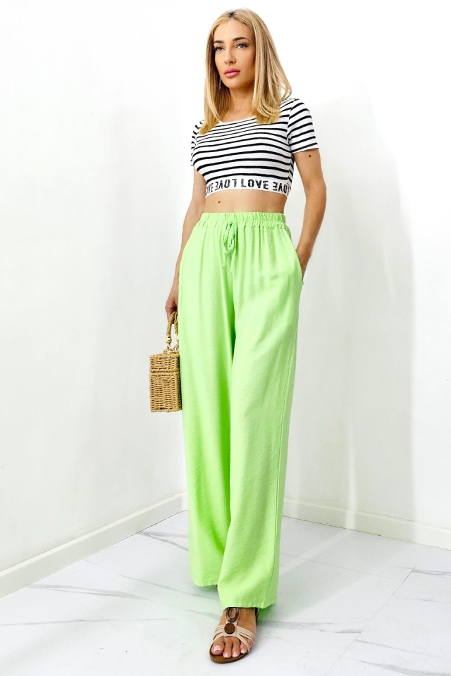 Pantaloni casual LERA, cu snur si croi lejer wide leg, Verde deschis, Marime S/M/L - 2 | YEO