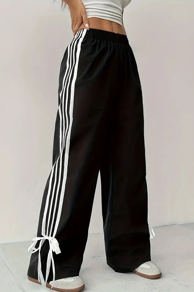 Pantaloni casual, Palazzo RIVA, cu dungi și funde decorative, Negru