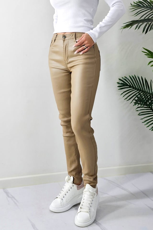 Pantaloni Dallas, din piele ecologica, cu talie inalta si push-up, Bej - 2 | YEO