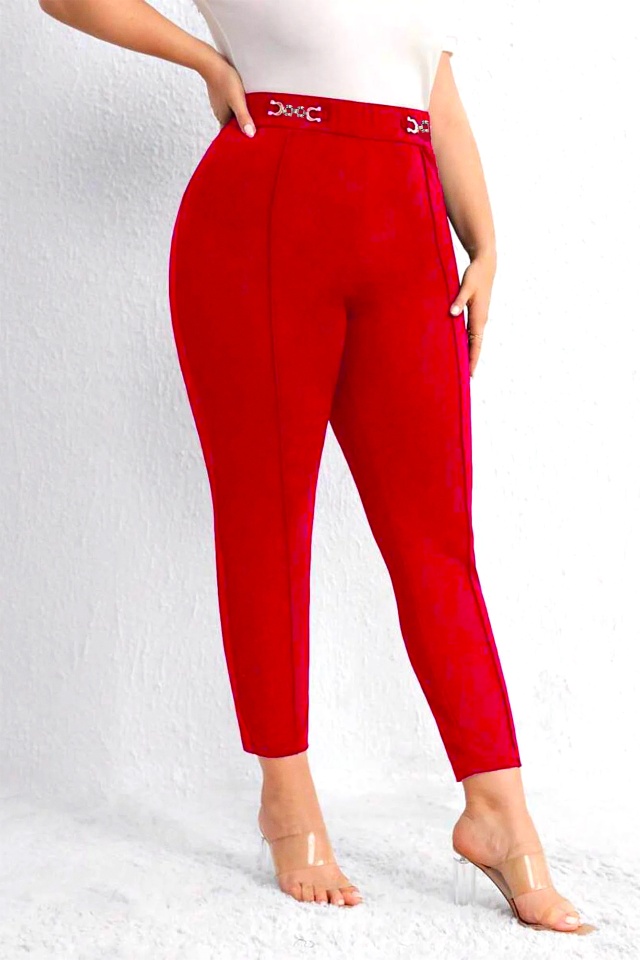 Pantaloni dama Larise, cu textura elastica si nervura pe crac, Rosu, Marimi Batal - 2 | YEO