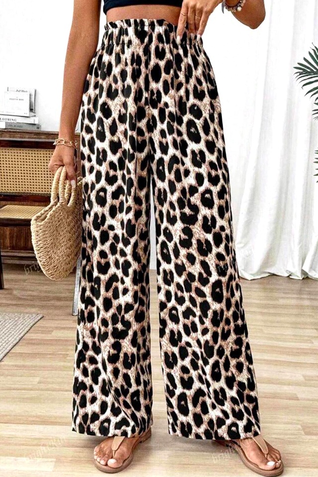 Pantaloni de vara animal print OGHY, cu snur si banda elastica in talie, Bej - 2 | YEO