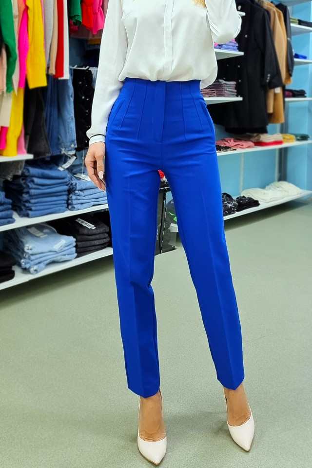 Pantaloni eleganti, ChicMe, cu talie inalta, Albastru indigo