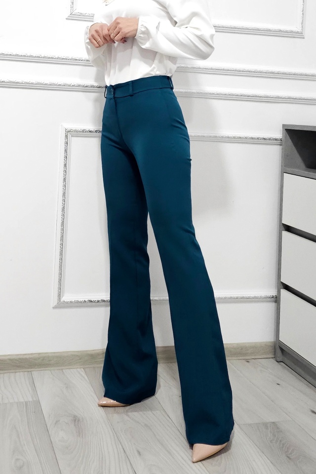 Pantaloni eleganti, Katte, croiala slim evazata si talie inalta, Verde petrol - 2 | YEO