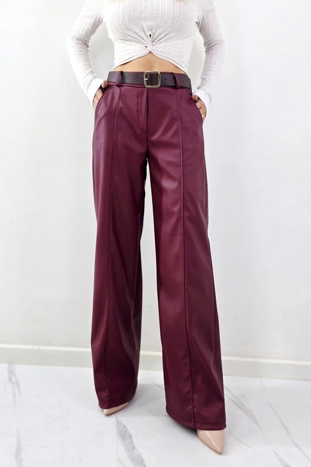 Pantaloni lungi, vatuiti din piele eco, Leonis, cu banda elastica si buzunare, Bordo, Marime S/M