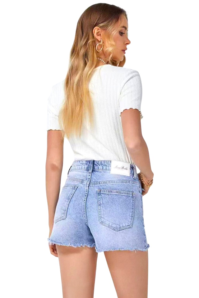 Pantaloni scurti de blugi Aura, cu talie inalta si perforatii ample, Albastru deschis - 1 | YEO