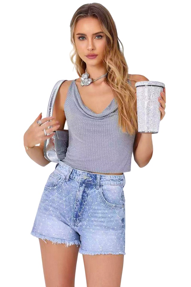 Pantaloni scurti de blugi OXAKA, cristale aplicate geometric si franjuri, Albastru zapada - 3 | YEO