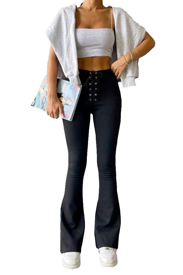 Pantaloni subtiri, evazati Raul, cu stretch, inchidere tip corset, Negru - 3 | YEO