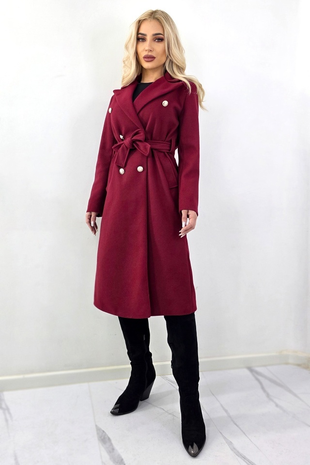 Pardesiu subtire, midi, AVELYN, cu butoni aurii si cordon, Rosu bordo