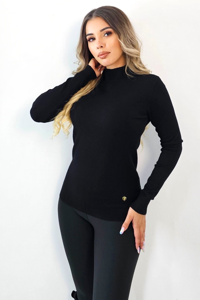 Pulover gros pe gat, Rona, cu maneca lunga si accesoriu trendy, Negru, Marime S/M