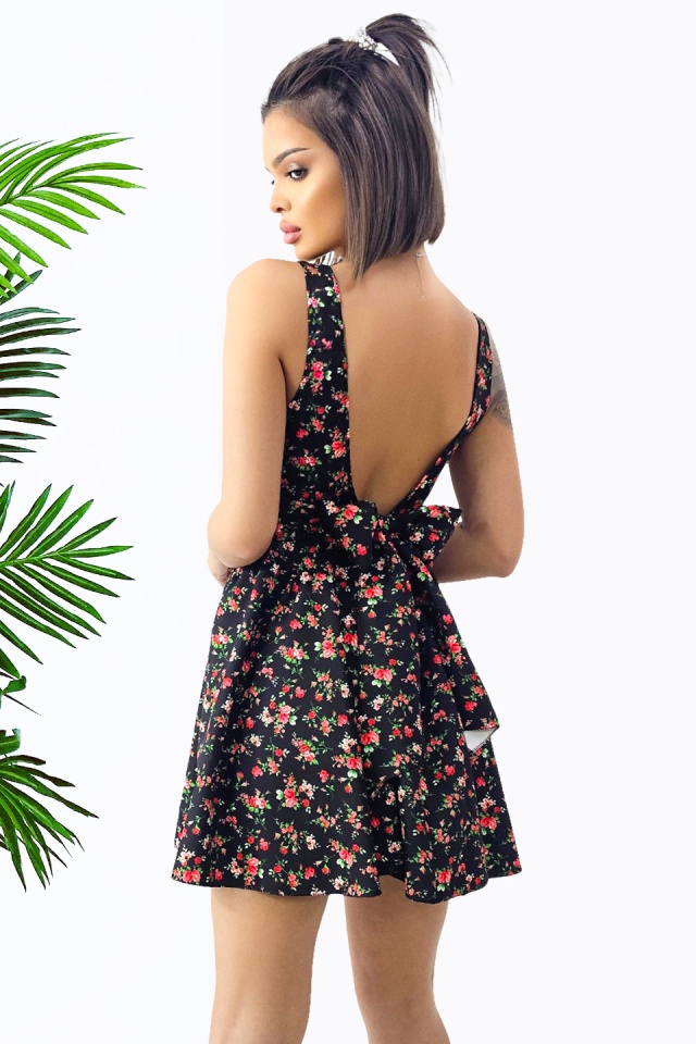 Rochie babydoll MARA, cu funda la spate si imprimeu floral, Negru, Marime S/M/L - 1 | YEO