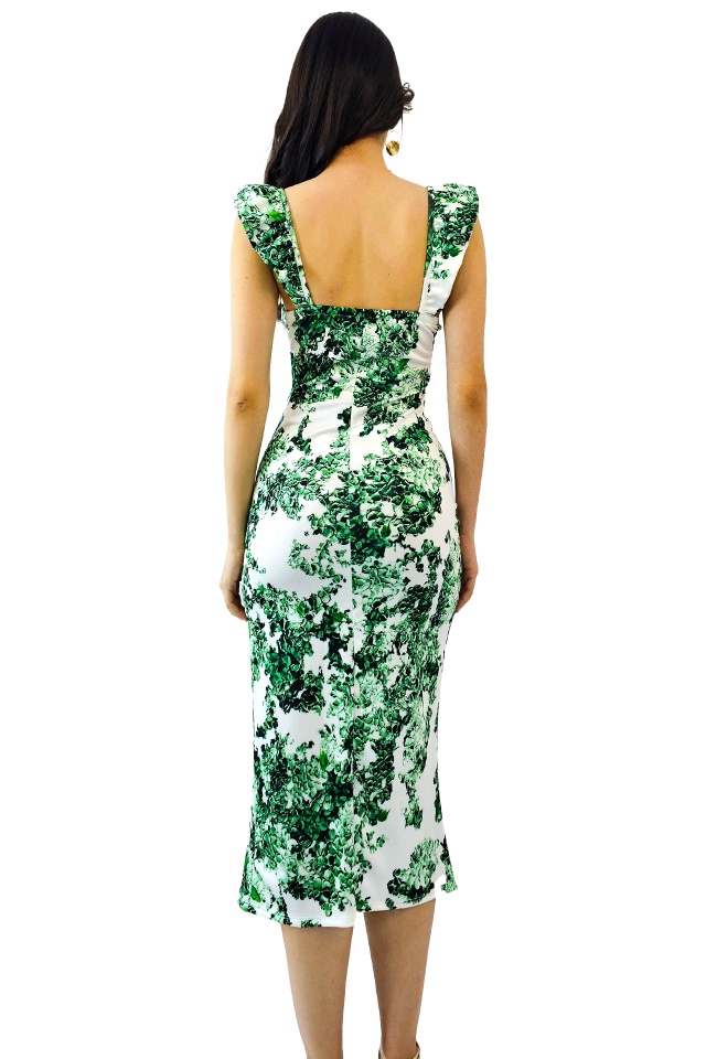 Rochie bodycon Ditsy, sliț adanc si imprimeu jungle, Verde, Marime S/M