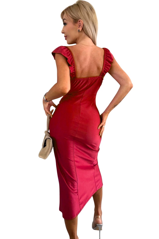 Rochie bodycon Ditsy UNI, cu volanase si crapatura pe picior, Rosu, Marime S/M