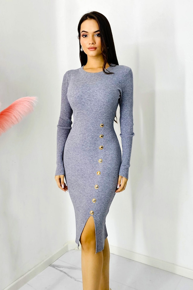 Rochie bodycon KLarisa, tetra, cu crapatura si nasturi decorativi, Gri