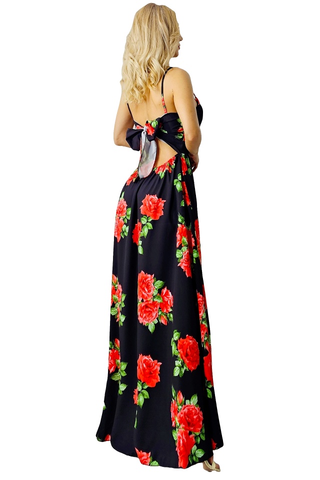 Rochie cocktail Fernanda, croi semidecupat si funda la spate, Black Roses, Marime S/M/L