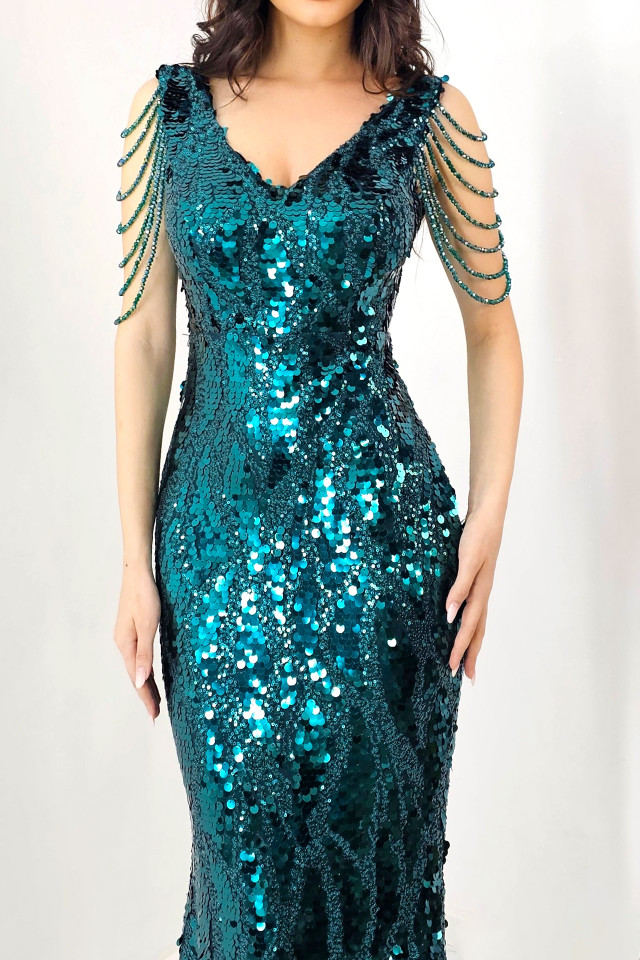 Rochie de eveniment Majestic, cu paiete, cristale si croiala tip sirena, Verde marin