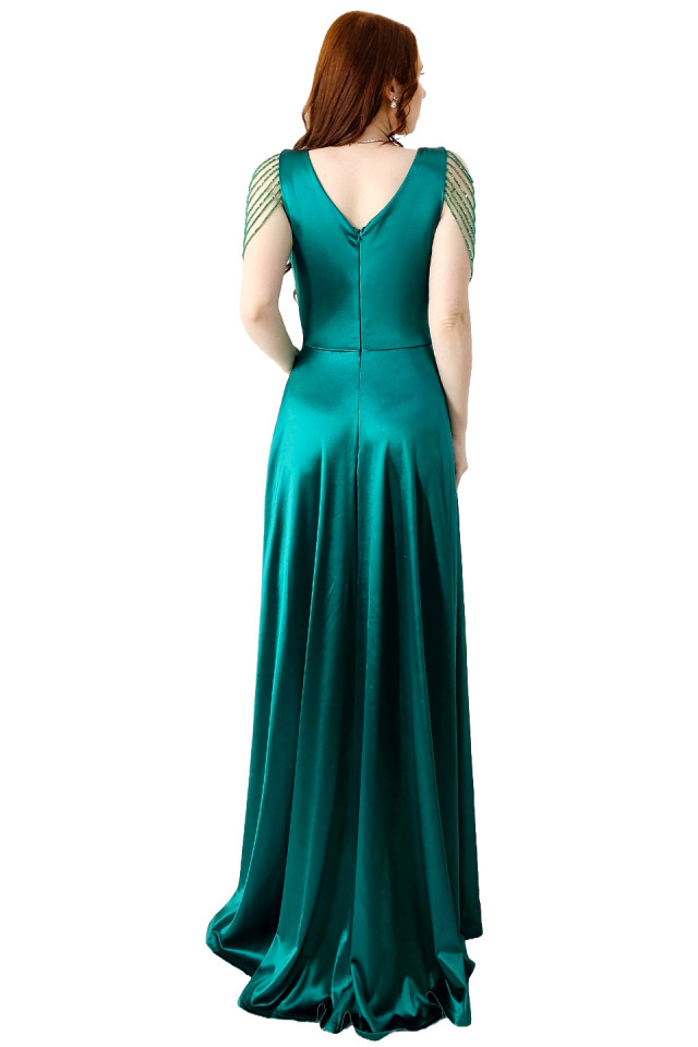 Rochie de ocazie Leontina, cu textura satinata si cristale artizanale, Verde