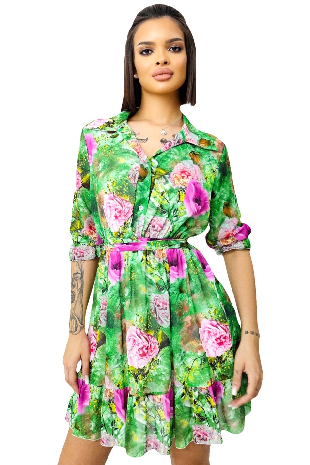 Rochie de vara Kasiana, cu maneca trei sferturi si imprimeu floral, Verde Bujor, Marime S/M/L